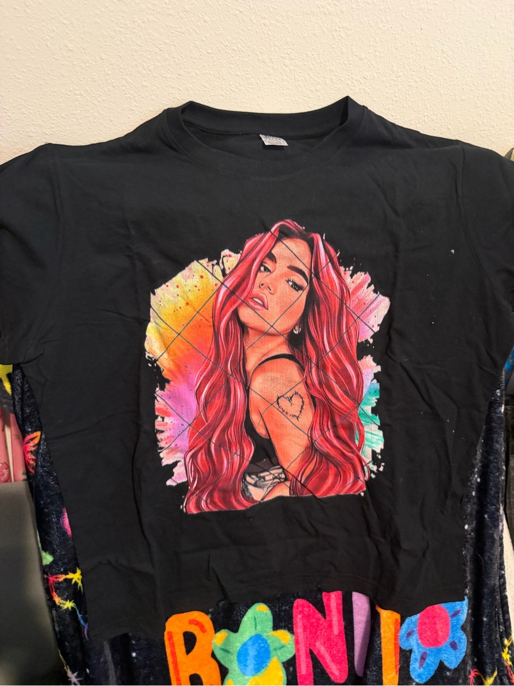 Black Short-Sleeve Tee with Pink Graphic Portrait